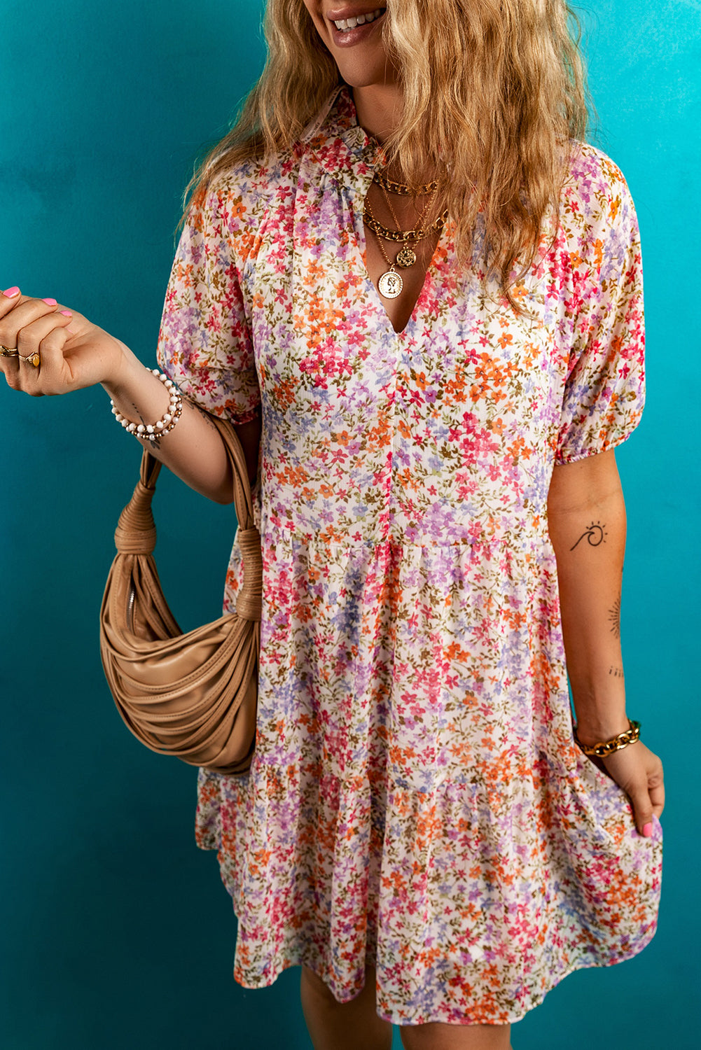 Floral Puff Sleeve Notched V Neck Tiered Mini Dress