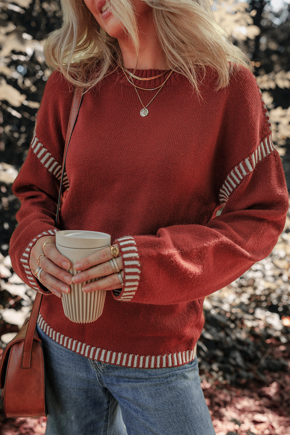 Color Contrast Trim Drop-Shoulder Crew-Neck Knit Top