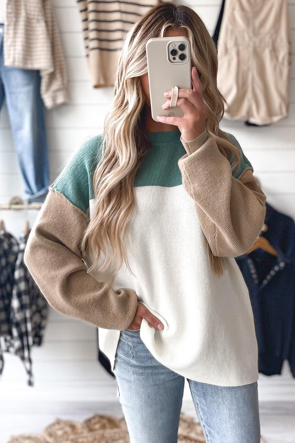 Plain Rib-Knit Colorblock Rib-Knit Knit Baggy Knit Top