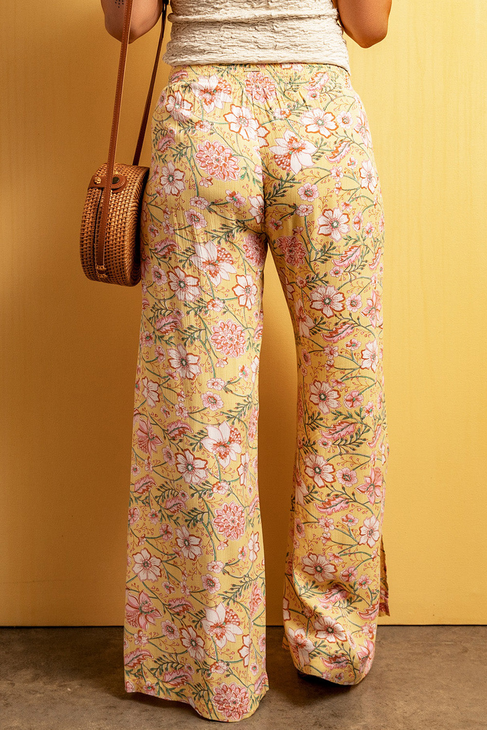 Women's Leg Pants with Print High Slit Wide Floral-Print