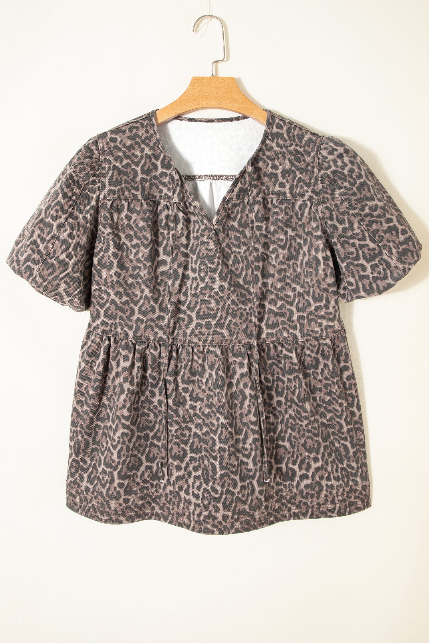 Leopard Tie Neck Short Puff Sleeve Denim Babydoll Top in Brown