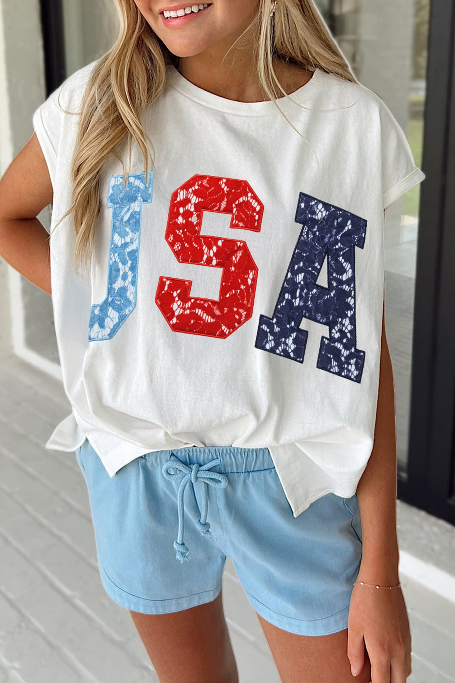 USA Printed Colorblock Letter Dolman Tee in White