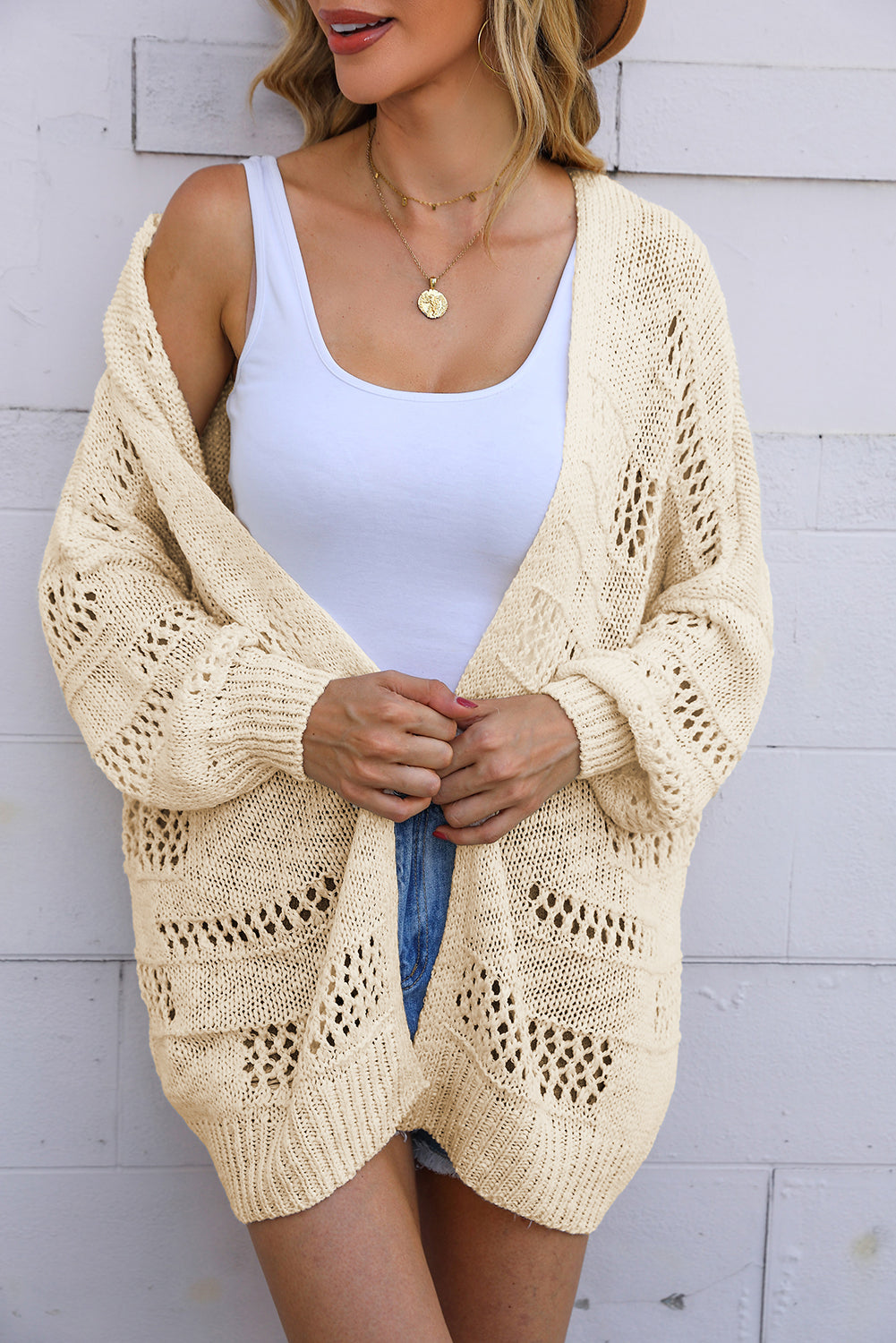 Women's Cardigan Featuring Apricot Everyday Hollowed Knitted Dolman Sleeve