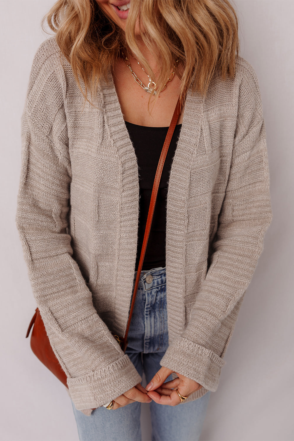 Textured Knit Open-Front Polished Cardigan Featuring Pockets