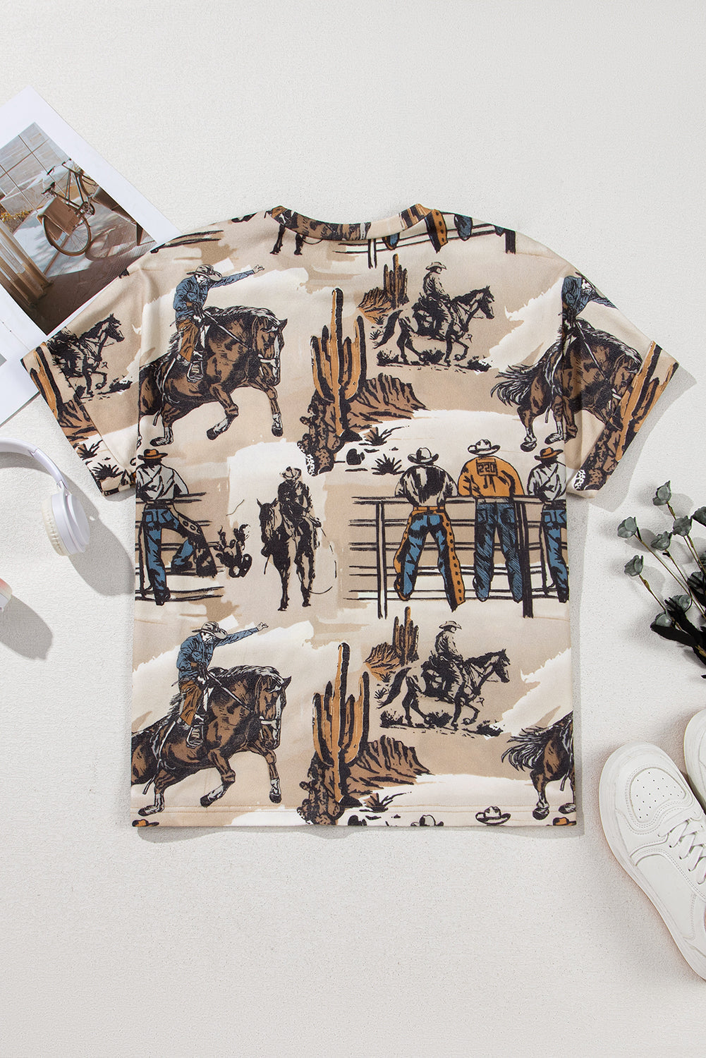 Western Cowboy Print Cuffed Sleeve T Shirt