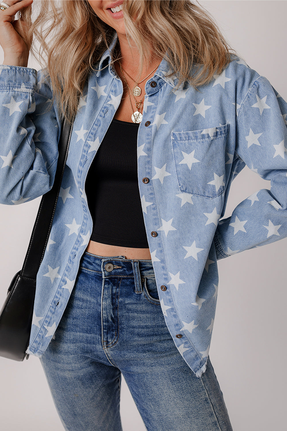 Star Pattern Light Wash Raw Hem Denim Jacket
