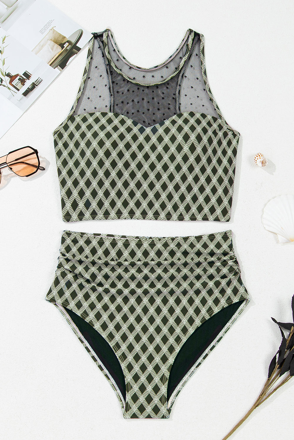 Dotted Mesh Plaid Patchwork High Waisted Bikini