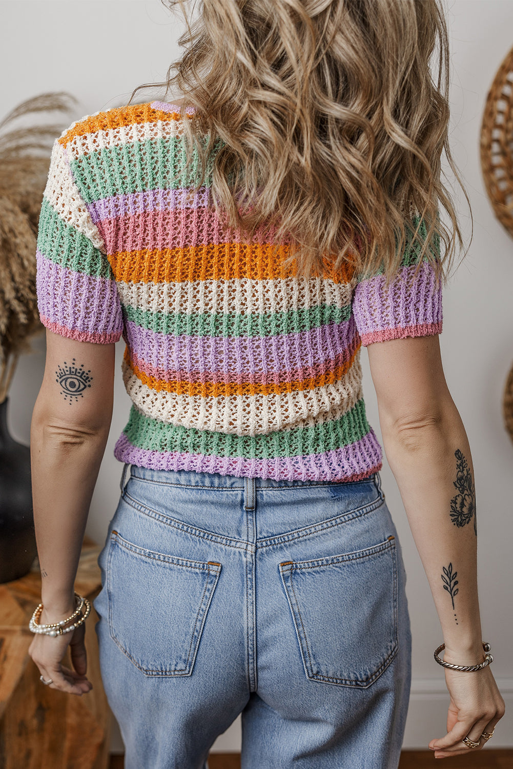 Pointelle Colorblock Striped Knit V-Neck Button-Front Crop Short-Sleeved Knit Top