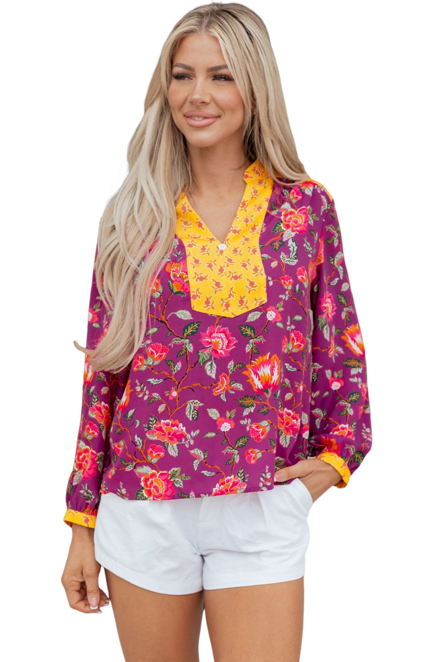 Contrast V-Neck Placket Split Floral Blouse