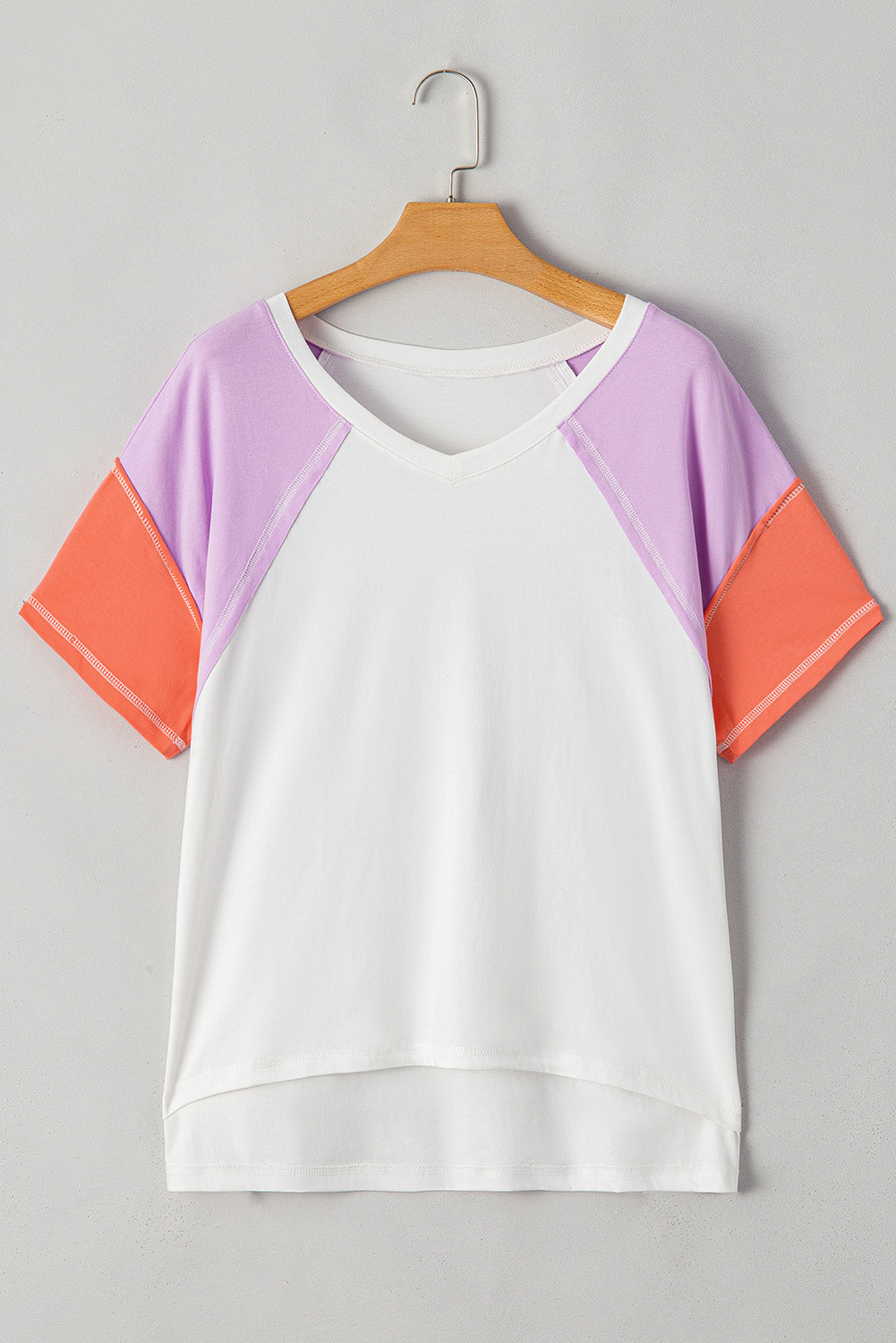 Colorblock Patchwork V Neck Exposed Seam High Low T Shirt