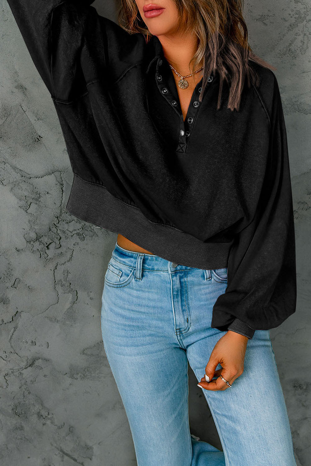 Washed Snap Buttons Lantern Sleeve Pullover Sweatshirt