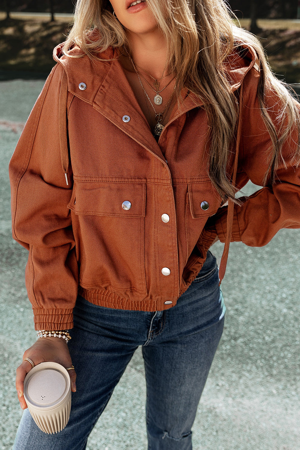 Women's Drawcord Hooded Elastic Hem Denim Jacket