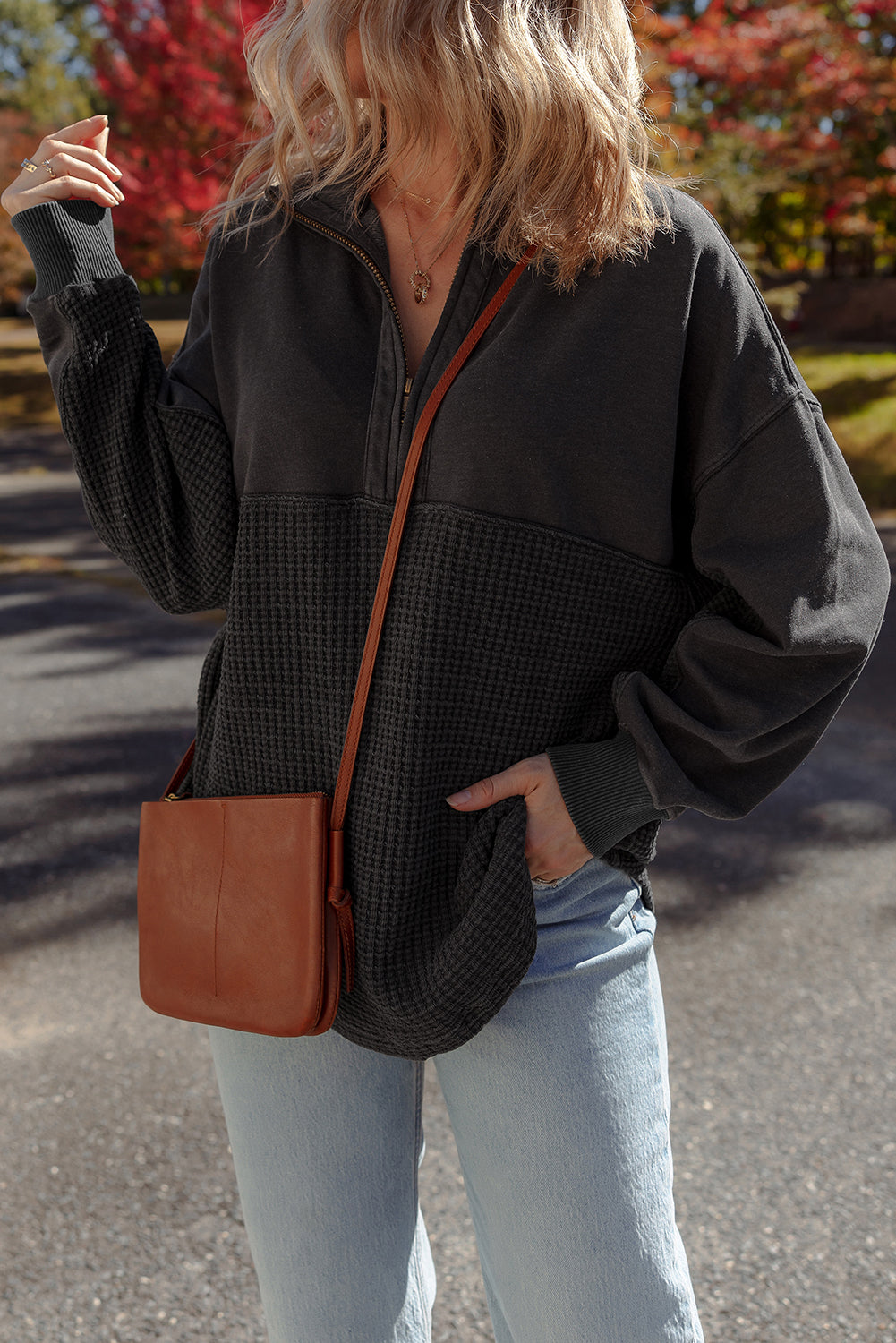 Waffle Half Knit Patchwork Zip Everyday Sweatshirt