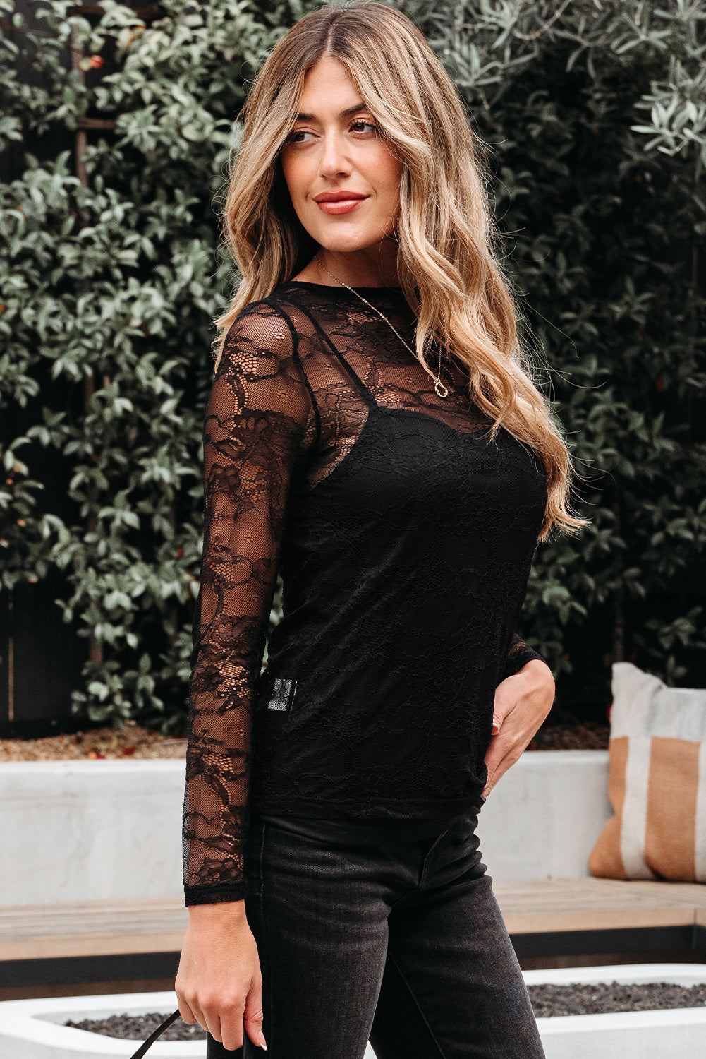 Mesh Lace Crochet Patched Slim Fit Long-Sleeved Top in Black