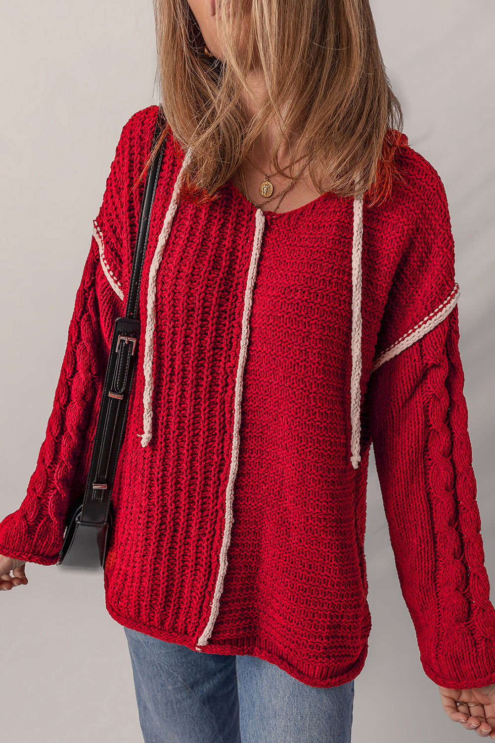 Contrast Trim Color Trim Textured Knit Drawcord Hooded Knit Top
