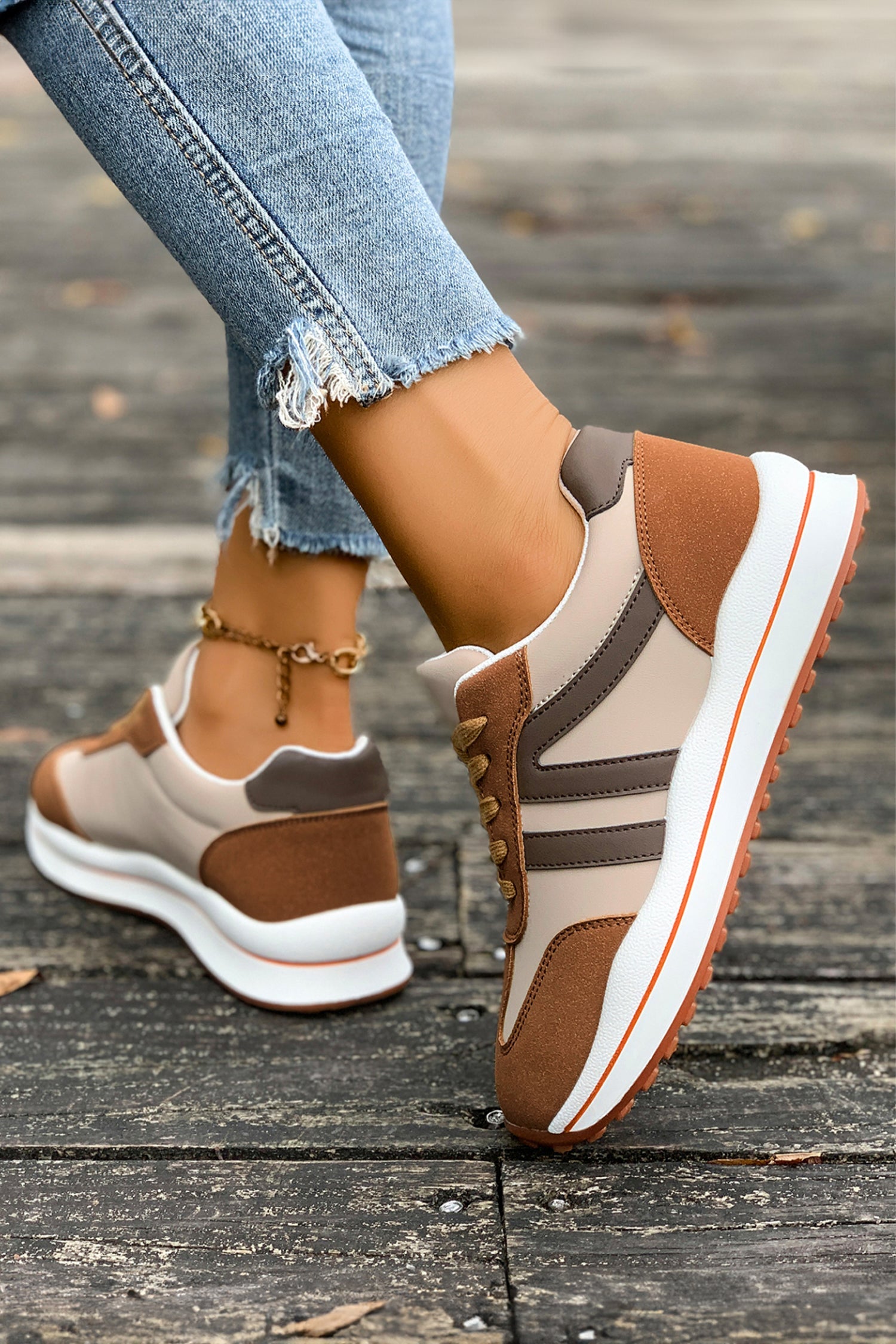 Patchwork Varsity Colorblock Lace-up Leather Sneakers in Brown