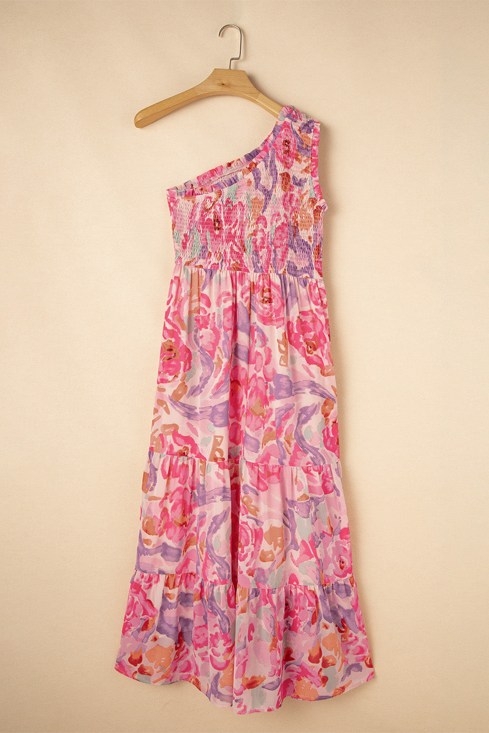 Pink Abstract Floral Print Shirred One Shoulder Maxi Dress