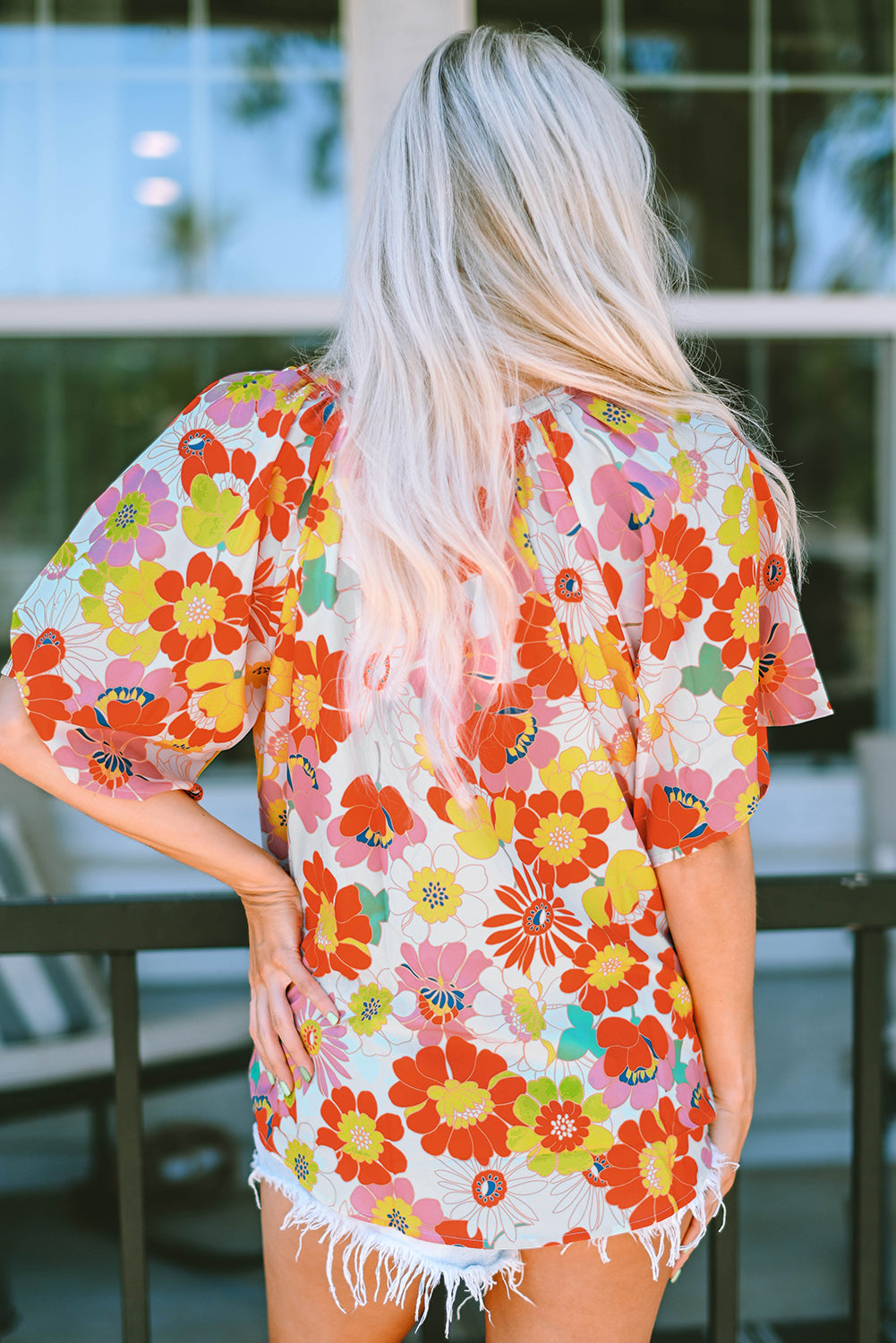 Women's Blouse with Half Sleeve Abstract Print V Neck