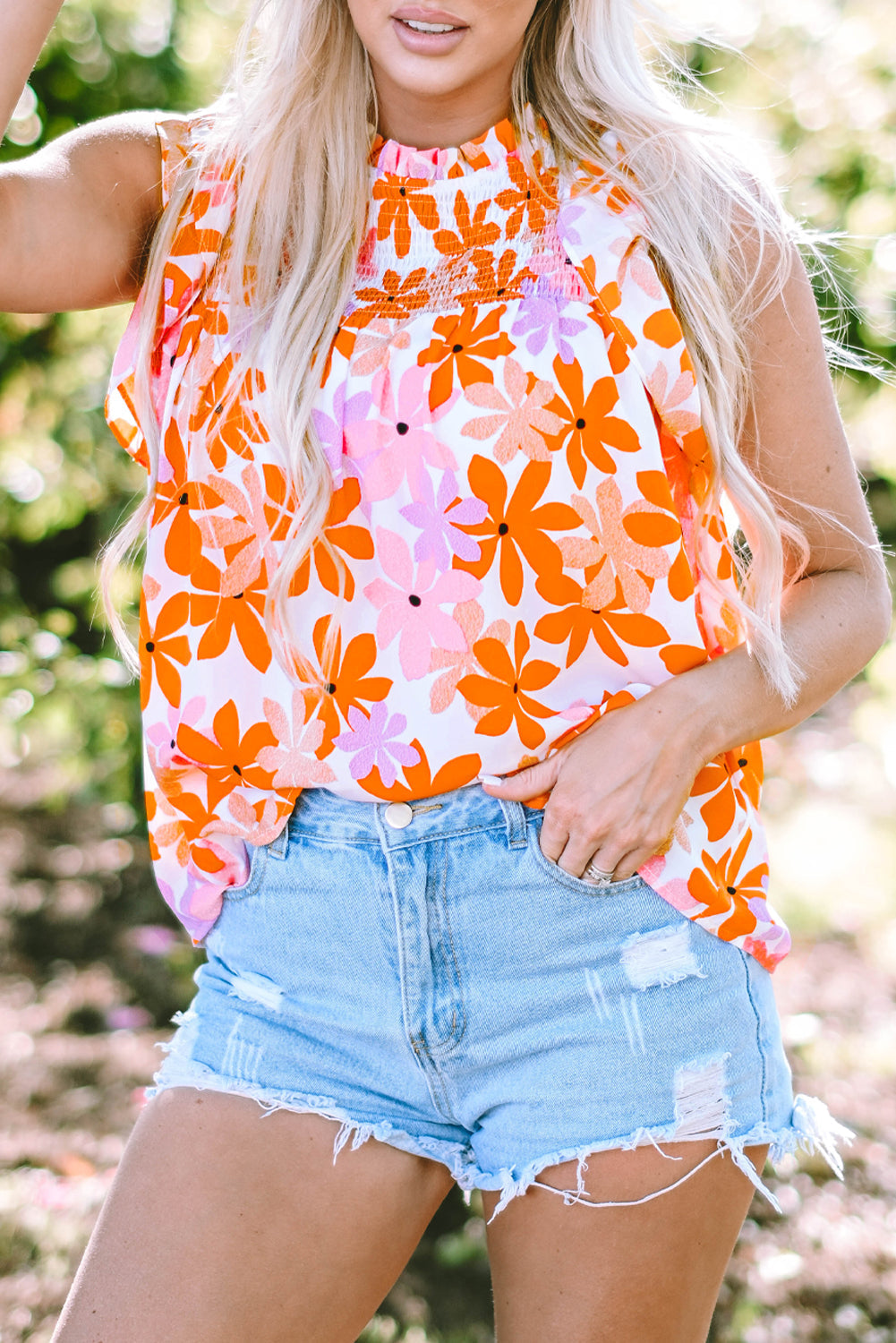 Women's Ruffle-Trimmed Sleeve Shirred Floral-Print Top