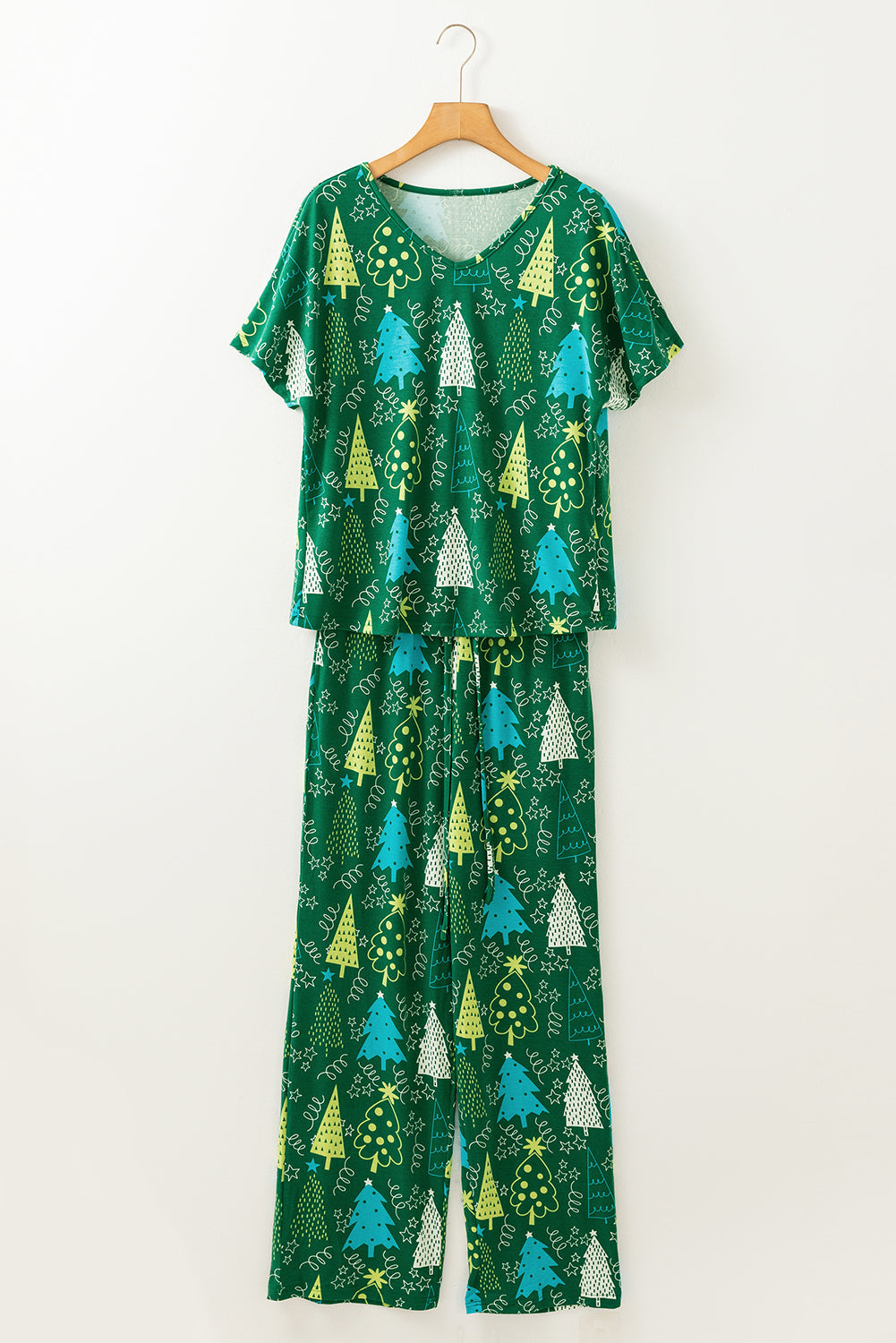 Tree Print Christmas Print V-Neck Tee and Pants Lounge Set
