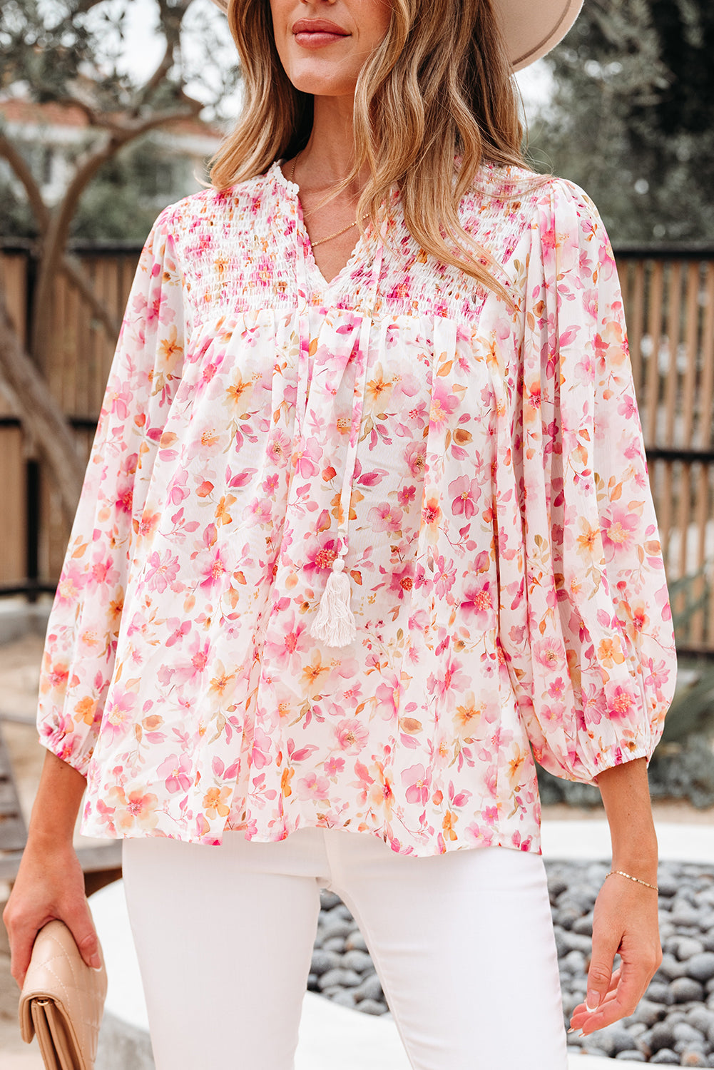 Floral-Print Smocked Tassel Tie V-Neck Puff Sleeve Tunic Blouse