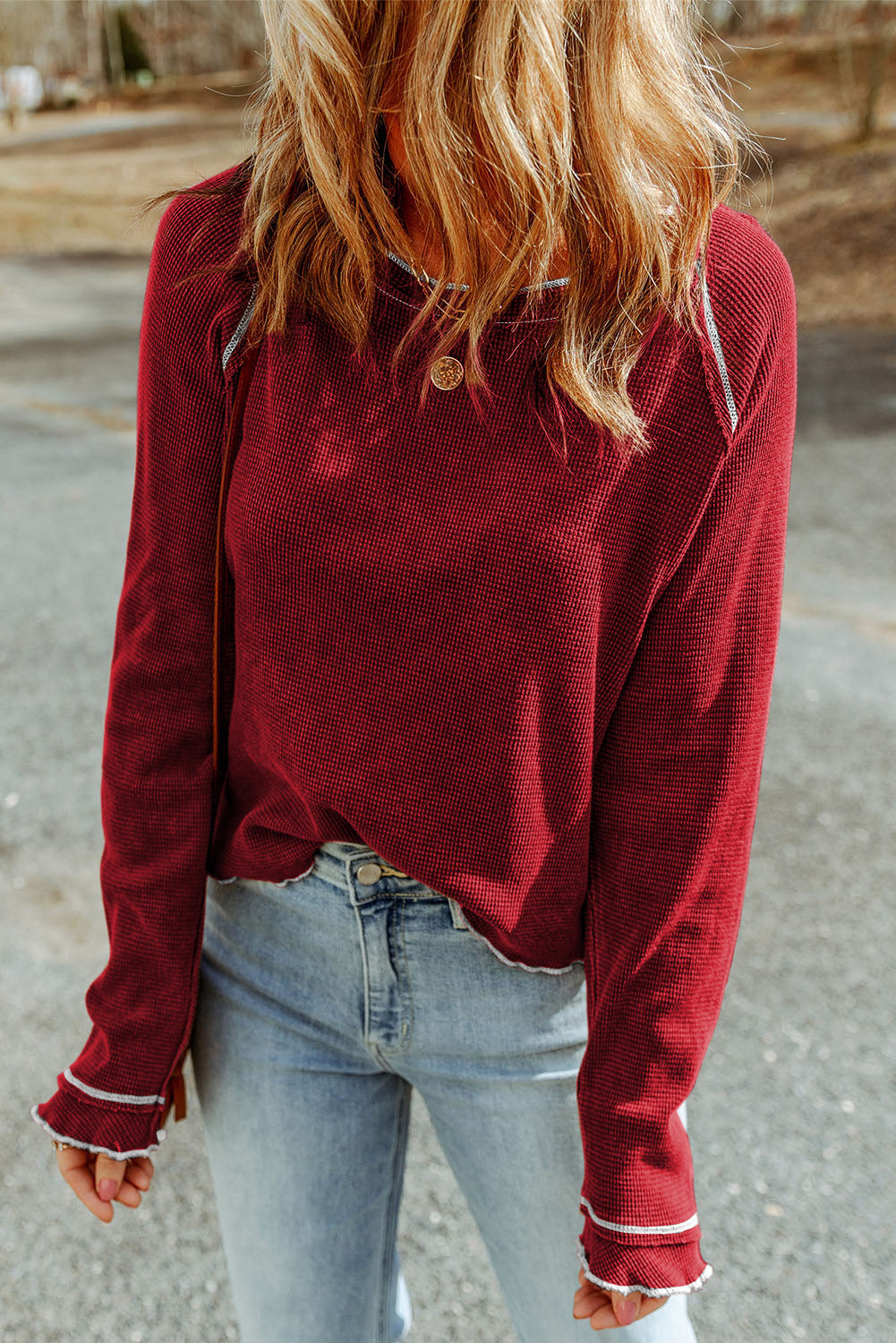 Women's Long-Sleeve Textured Round Neck Top