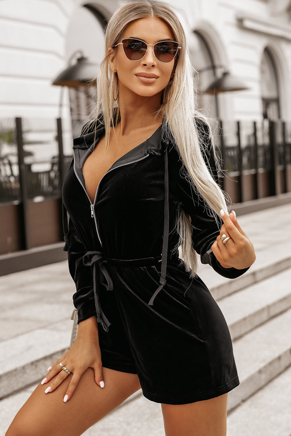 Romper for Women Hooded Velvet Zipped Front Drawcord Waist