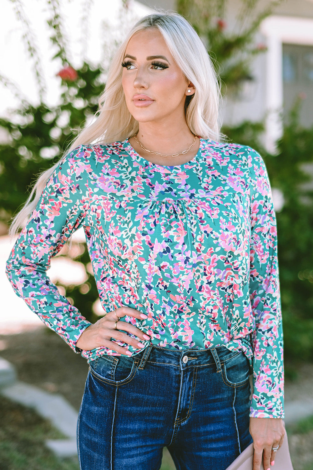 Women's Blouse Featuring Floral-Print Pleat-Detail Round Neck Long-Sleeve