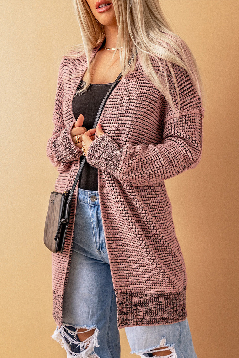 Women's Cardigan Featuring Plaid Knitted Long Open Front Pink