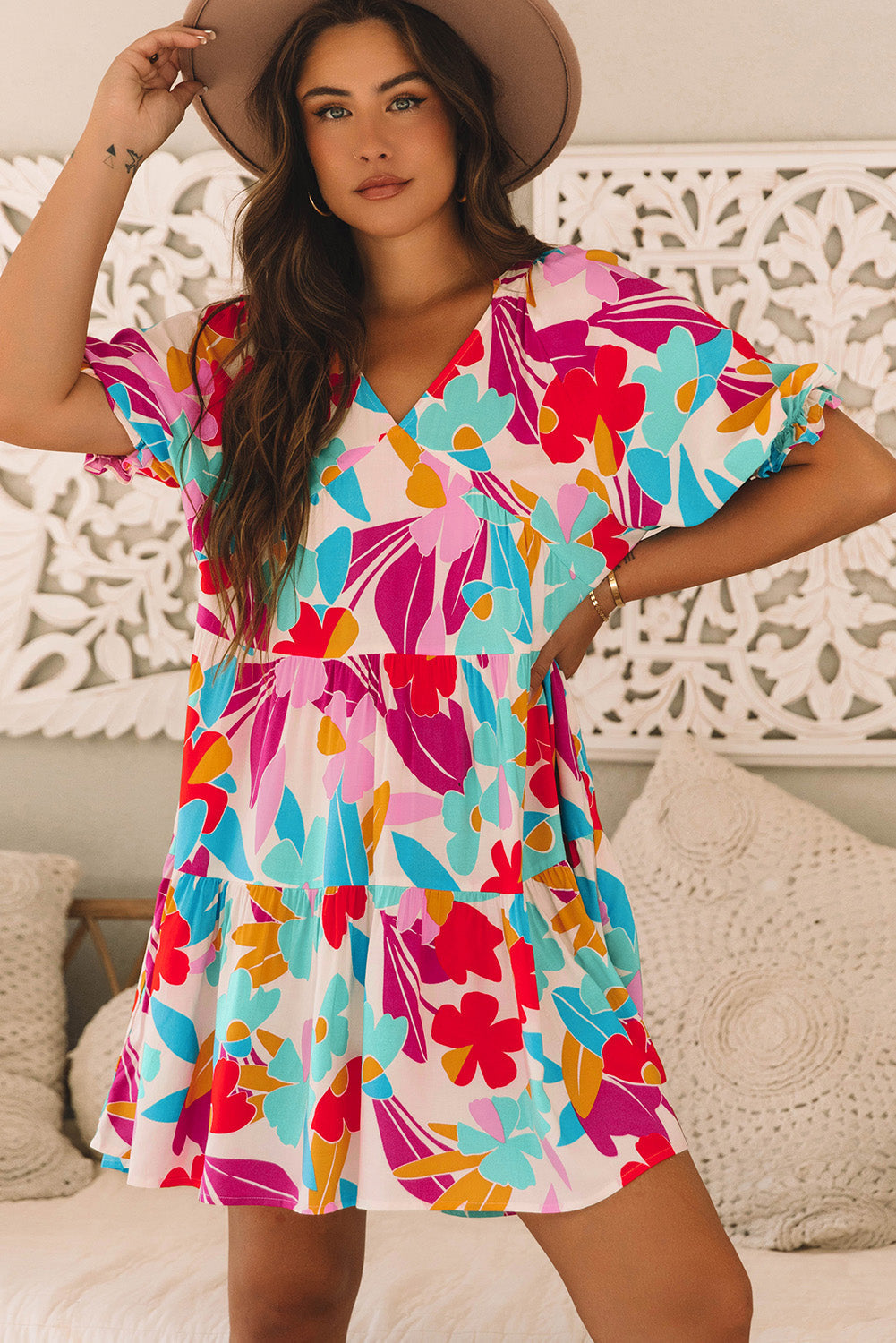 Rose Red Floral V Neck Tiered Ruffle Babydoll Dress