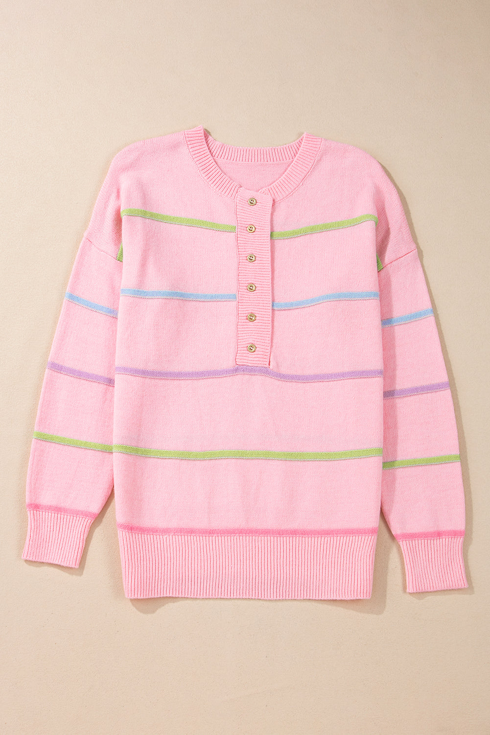 Rainbow Stripes Drop Shoulder Baggy Henley Sweater