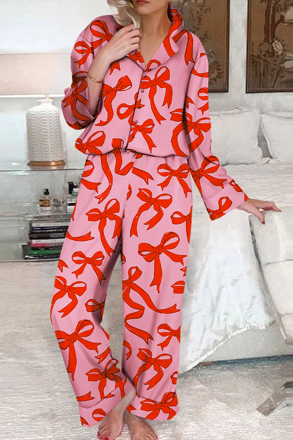 Bow Print 2pcs Print Shirt Style Long-Sleeved Pajama Set