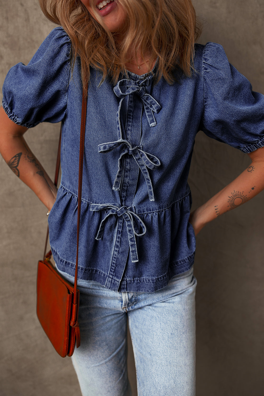Sail Blue Tied Front Peplum Denim Shirt