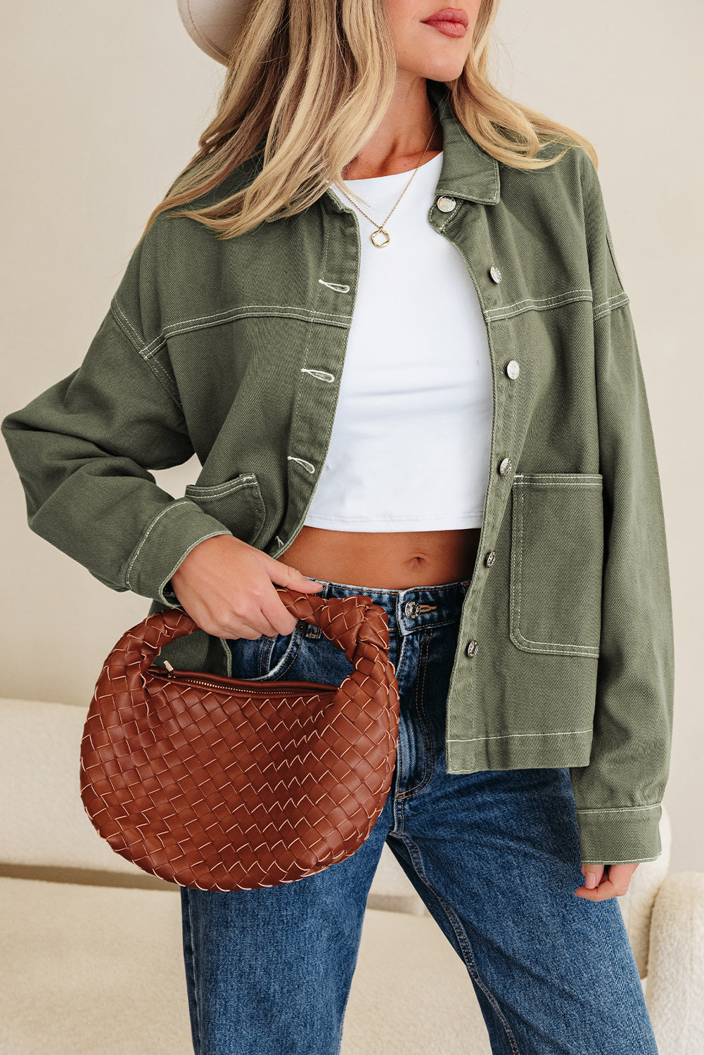 Collared Patched Pocket Button Front Boyfriend Denim Jacket