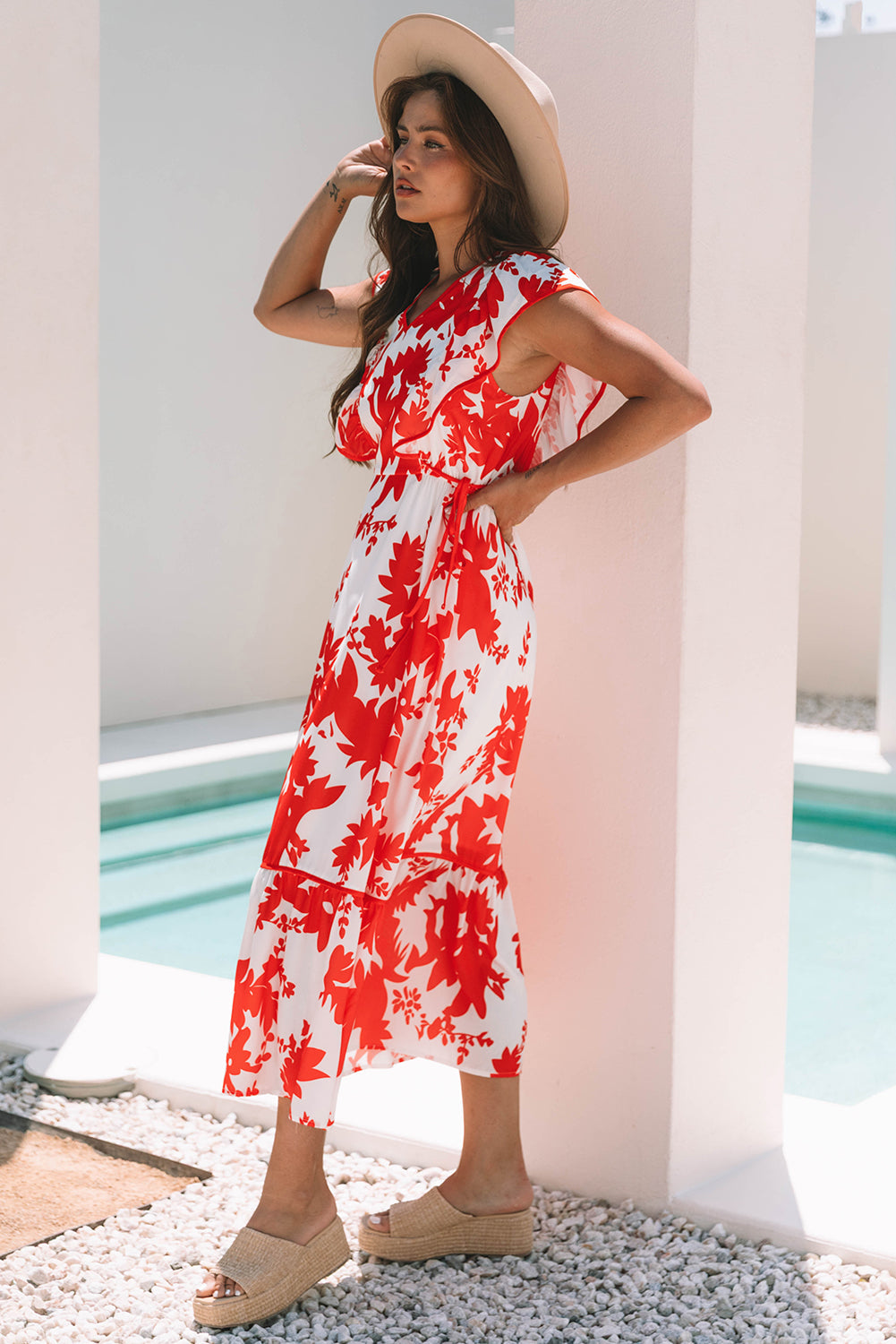 Floral-Print Ruffle Trimmed V-Neck Sleeve Long Dress