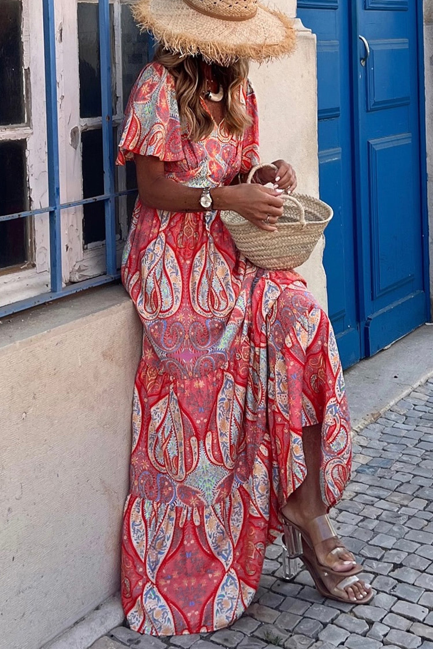 Polished Short-Sleeved Paisley Print Boho Maxi Dress with Ruffle Details