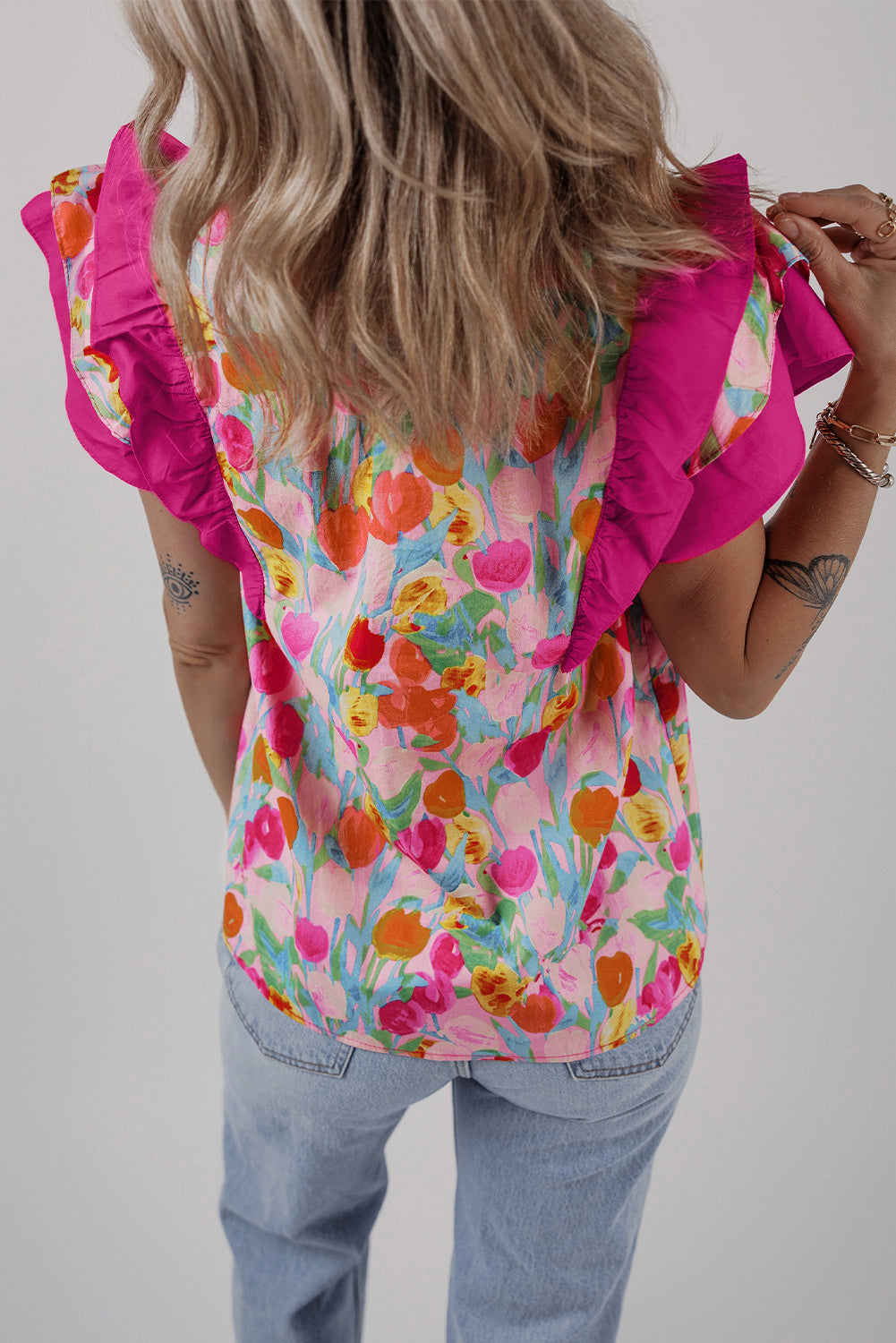 Pink Floral Layered Ruffle Flutter Sleeve Blouse