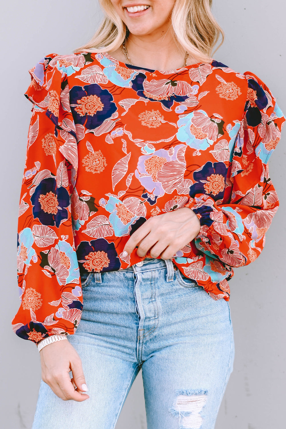 Women's Blouse Featuring Ruffle-Trimmed Balloon Sleeve Floral-Print Print