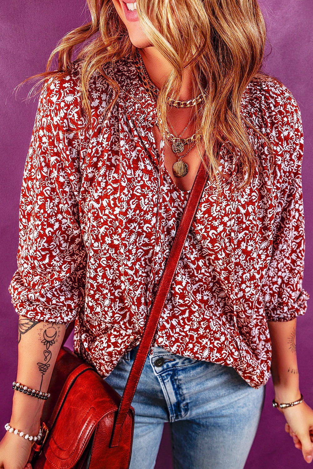 Blouse for Women Shirred Tie Neck Floral-Print Print