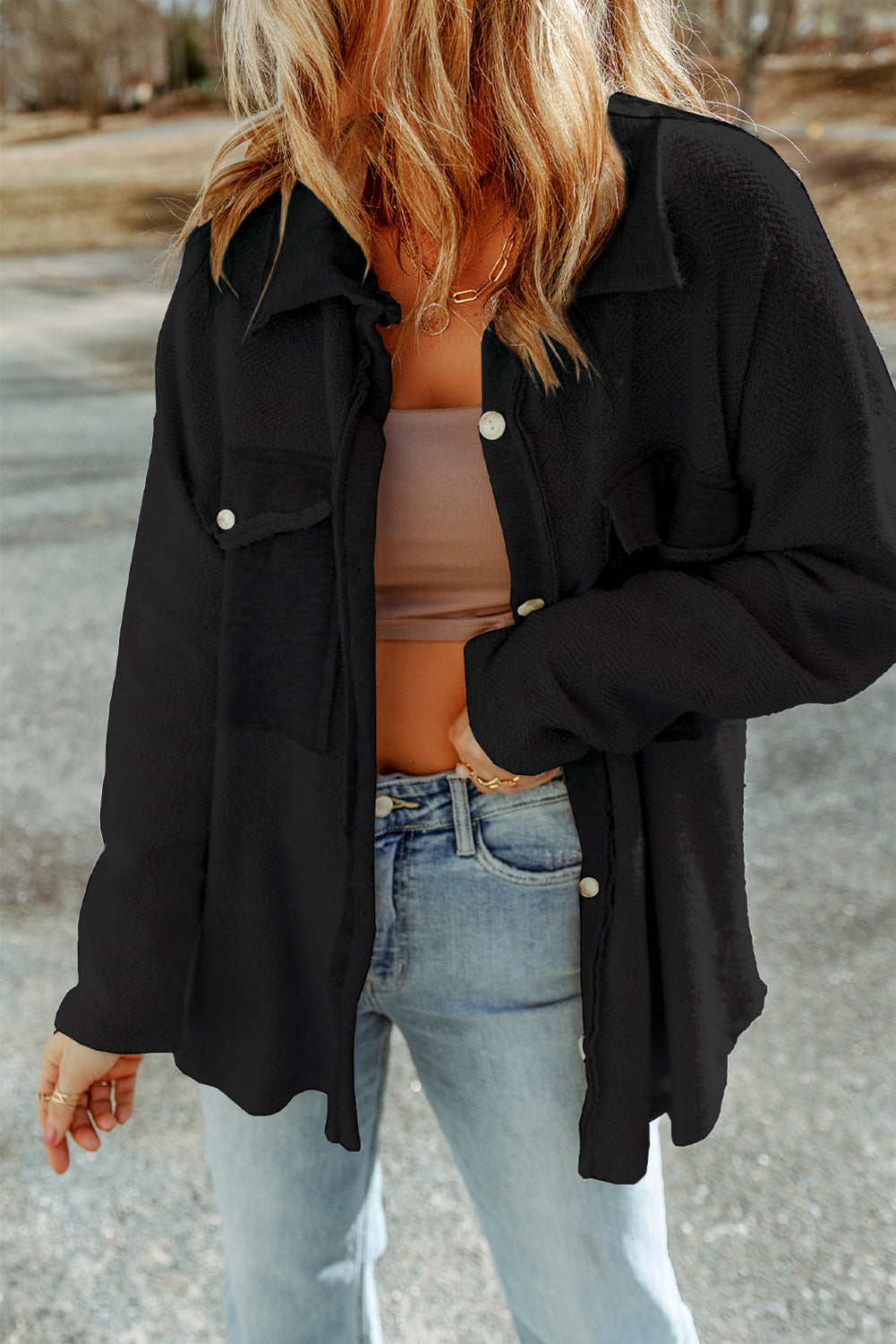 Women's Shacket Featuring Black Relaxed Contrast Flap Pockets