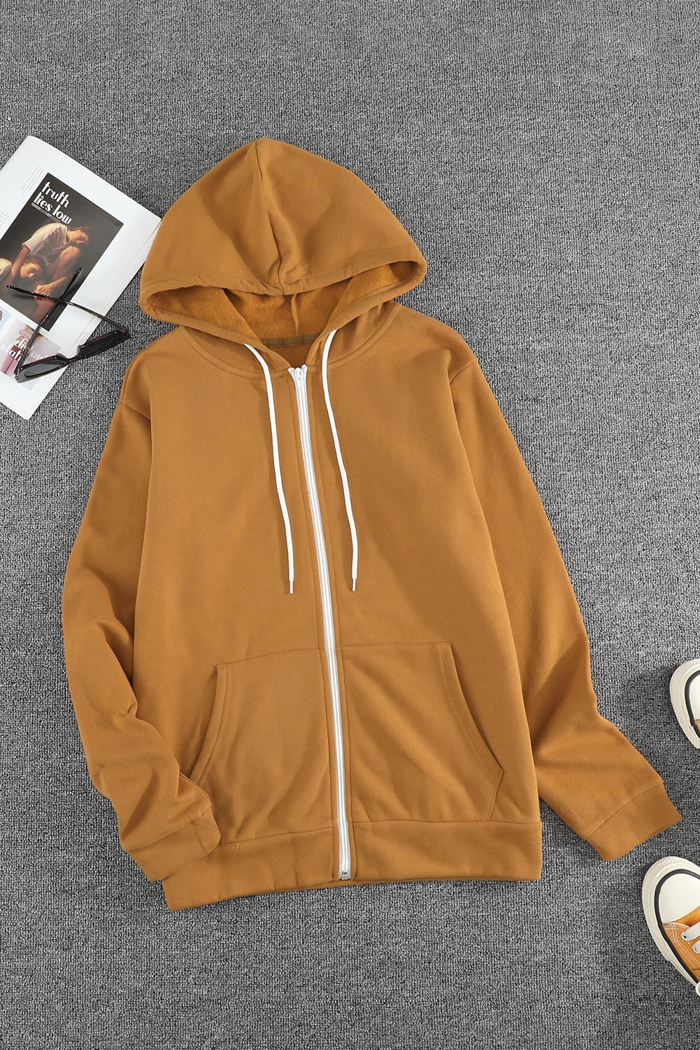 Women's Jacket with Zip-Front Pocket Drawcord Brown Hoodie