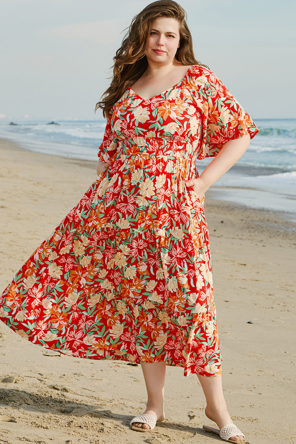 Floral Cinched Waist Long Plus Size Dress