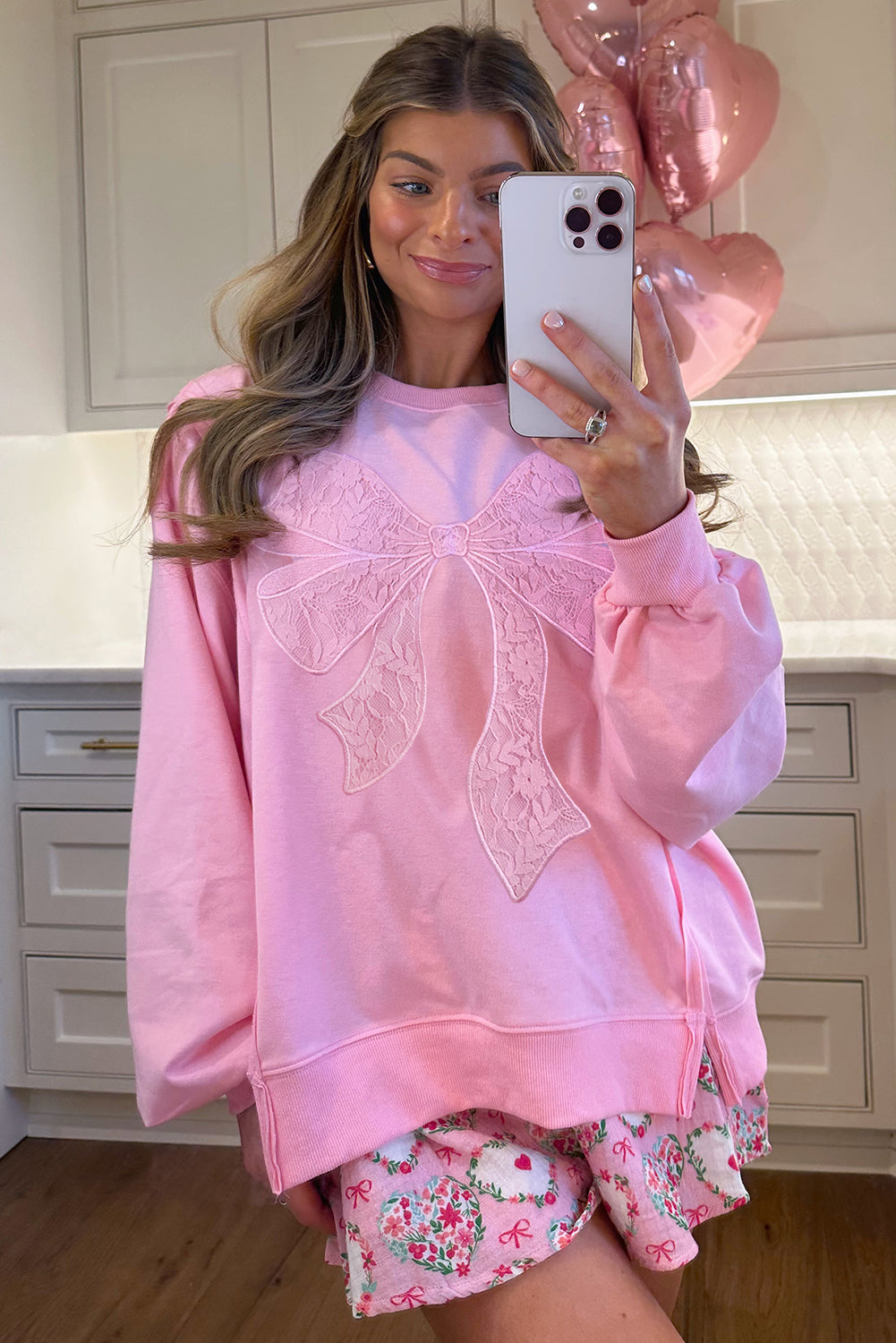 Lace Insert Bow Embroidered Exposed Seam Sweatshirt