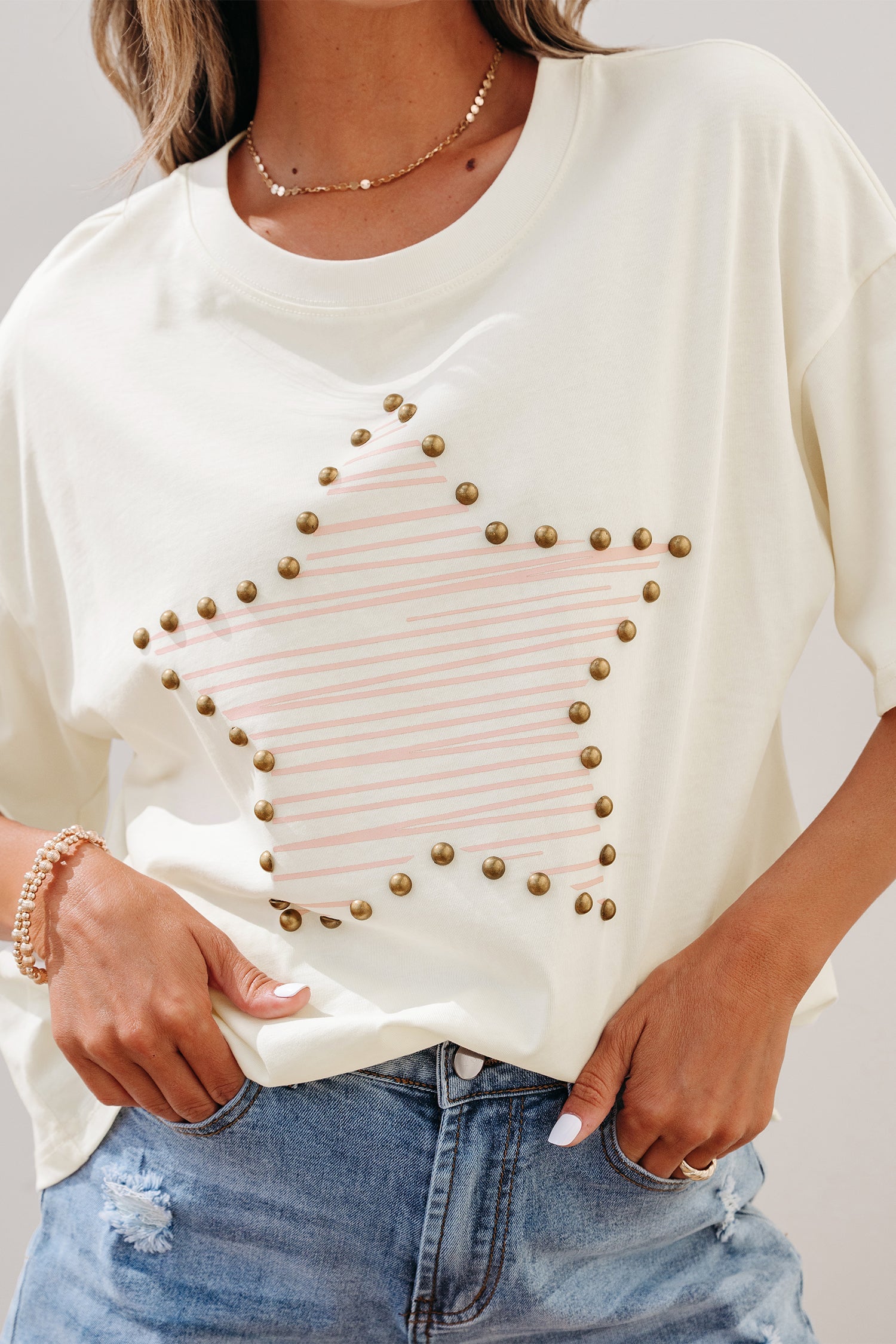 Cute Print Beige Star Stud Detail Cotton Jersey Top