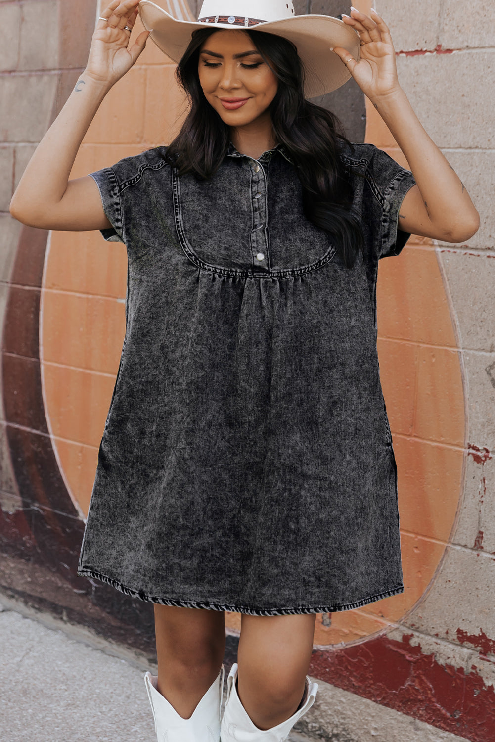 Women's Dress with Acid Wash Collared Denim