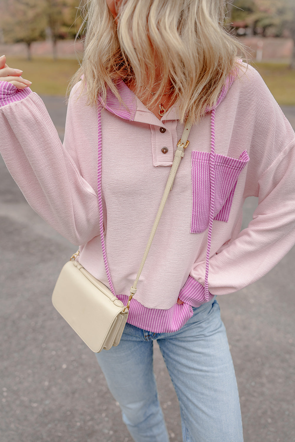 Corded Colorblock Patch Pocket Drawstring Hooded Top