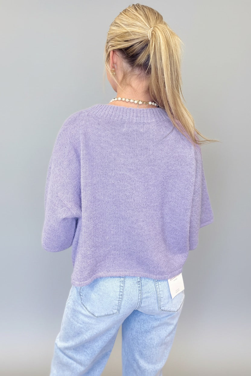 Lavendula Boxy 3/4 Sleeve Knit Button Down Cardigan Knit Top