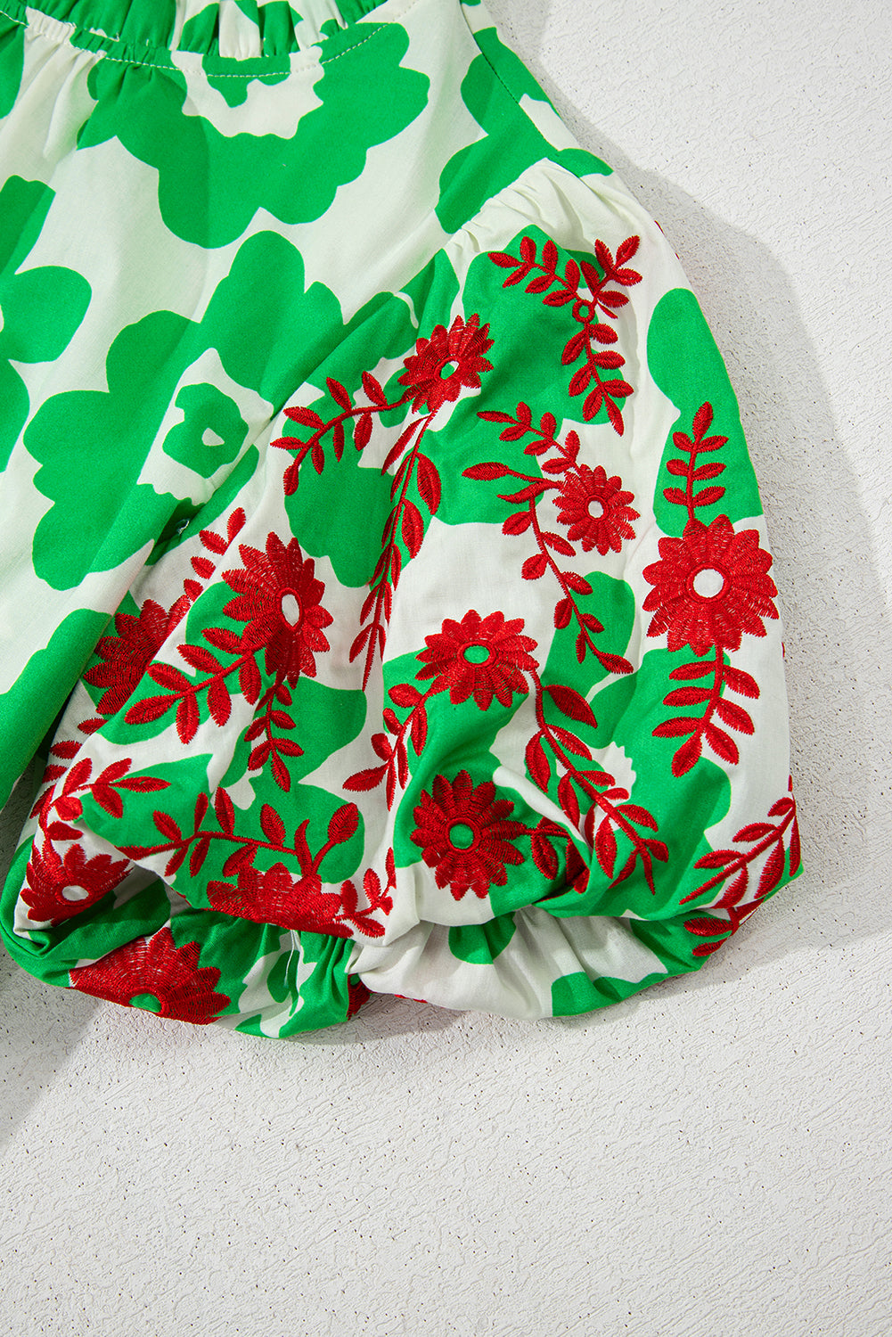 Green Contrast Embroidered Floral Blouse