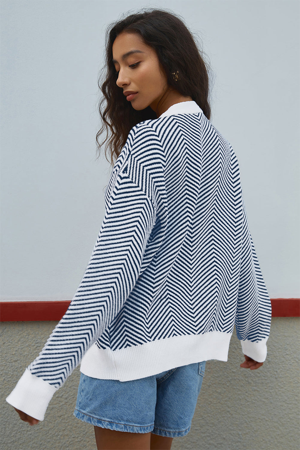 Button-Front Herringbone Stripe Herringbone Cardigan in Blue