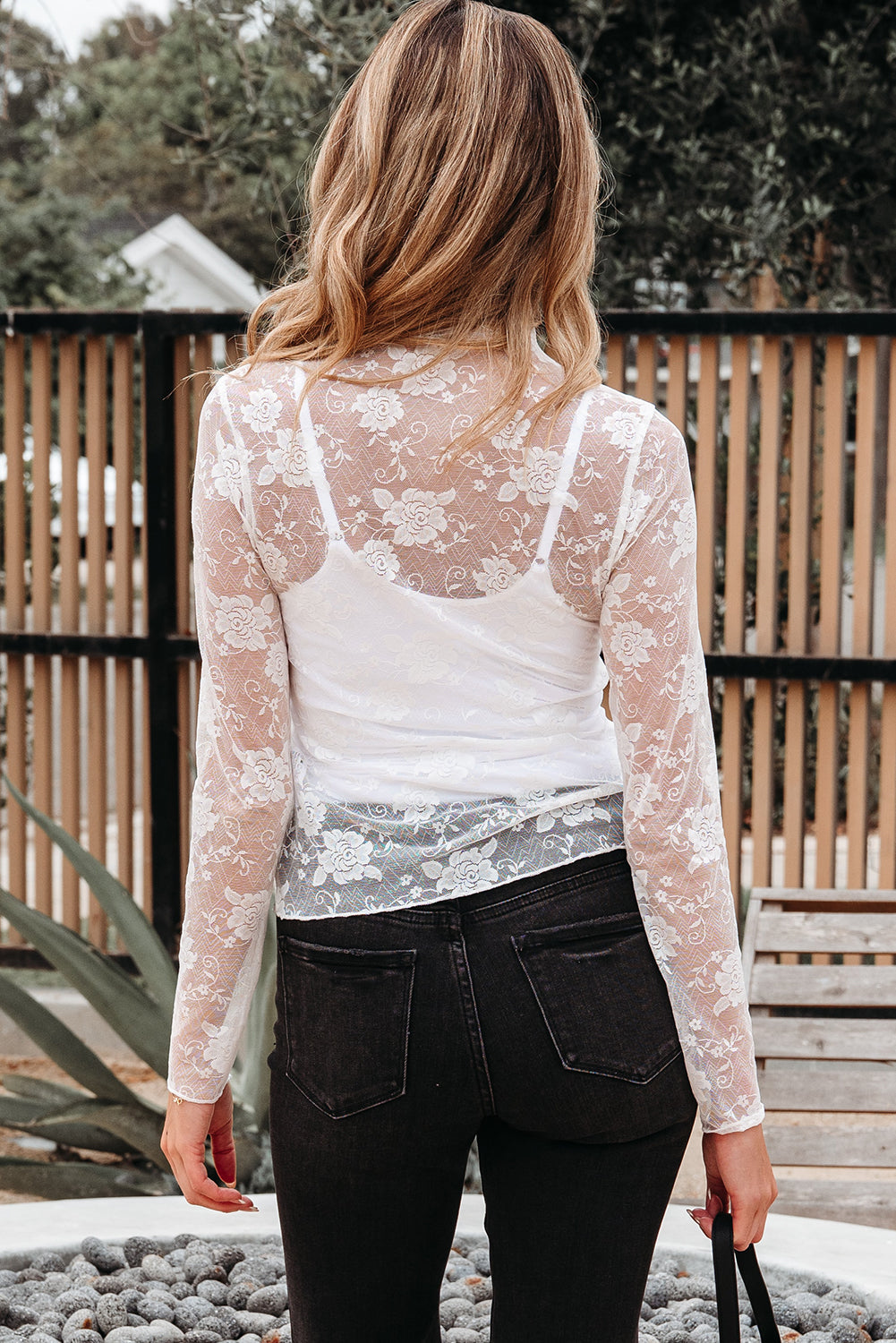 Lace Sheer Floral Mesh Mock-Neck Long-Sleeved Top in White